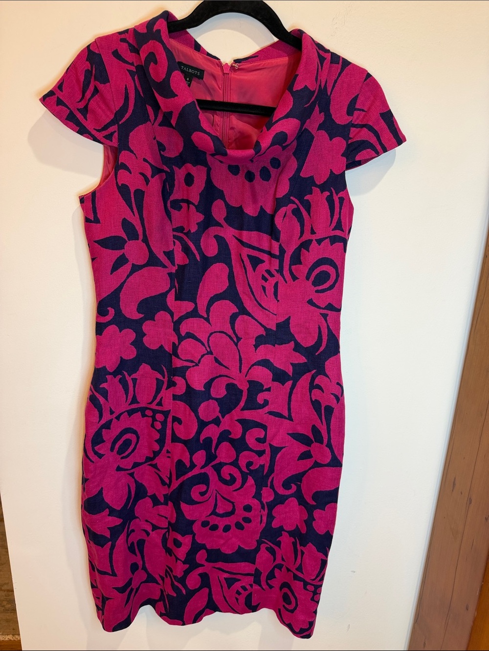 Talbots 100% Linen Fuchsia & Navy Floral Cowl Neck Dress, 6
